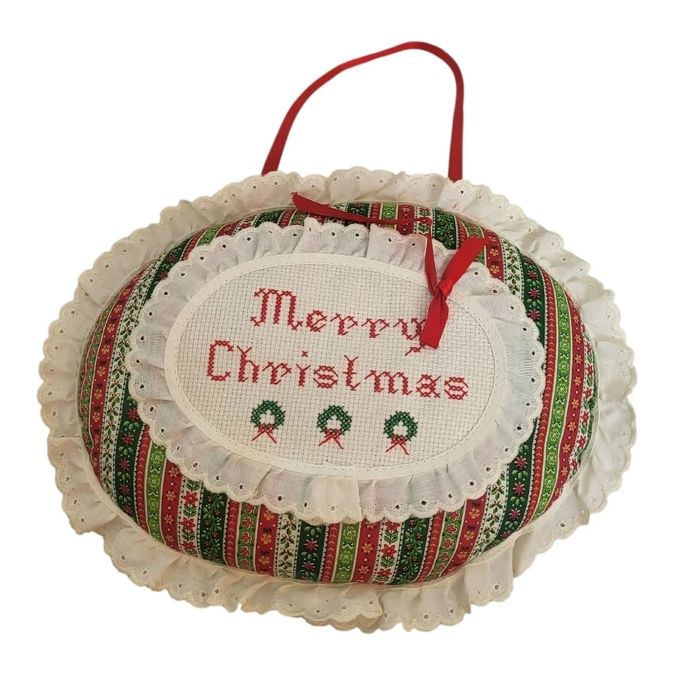 Vintage Handmade “Merry Christmas” Cross Stitch Wall Hanging Scallop Lace Trim